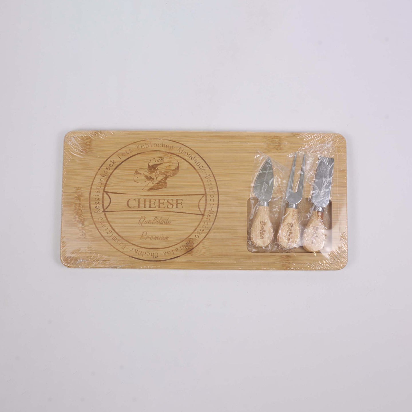 Rectangular Wooden Board With Inscription And Cheese Accessories