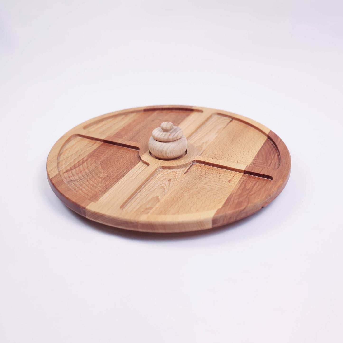 Round Wooden Platter With A Built-in Salt Shaker