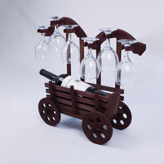 Large Wooden Cart with Cup Stand + a Bottle of Wine + 6 Glasses