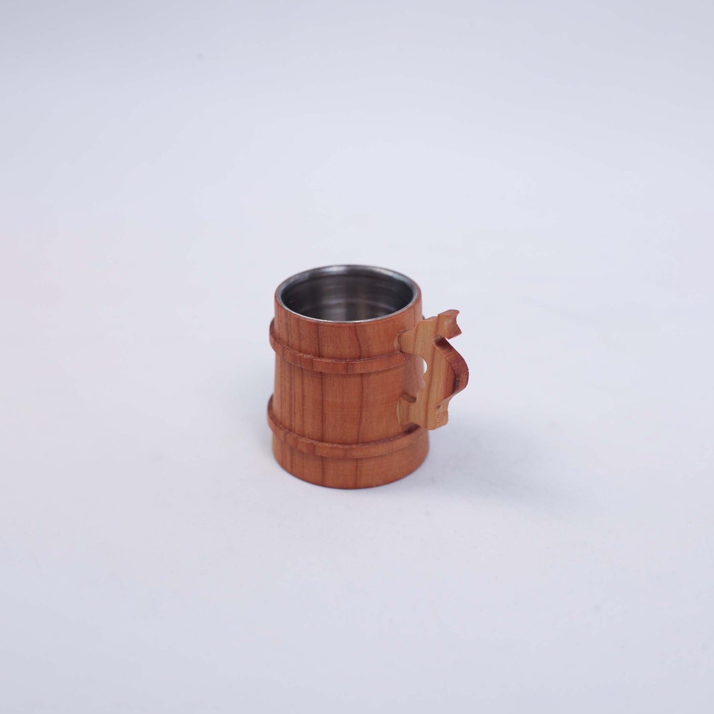 Small Barrel-shaped Wooden Cup with a Handle - with black and non-black stripes