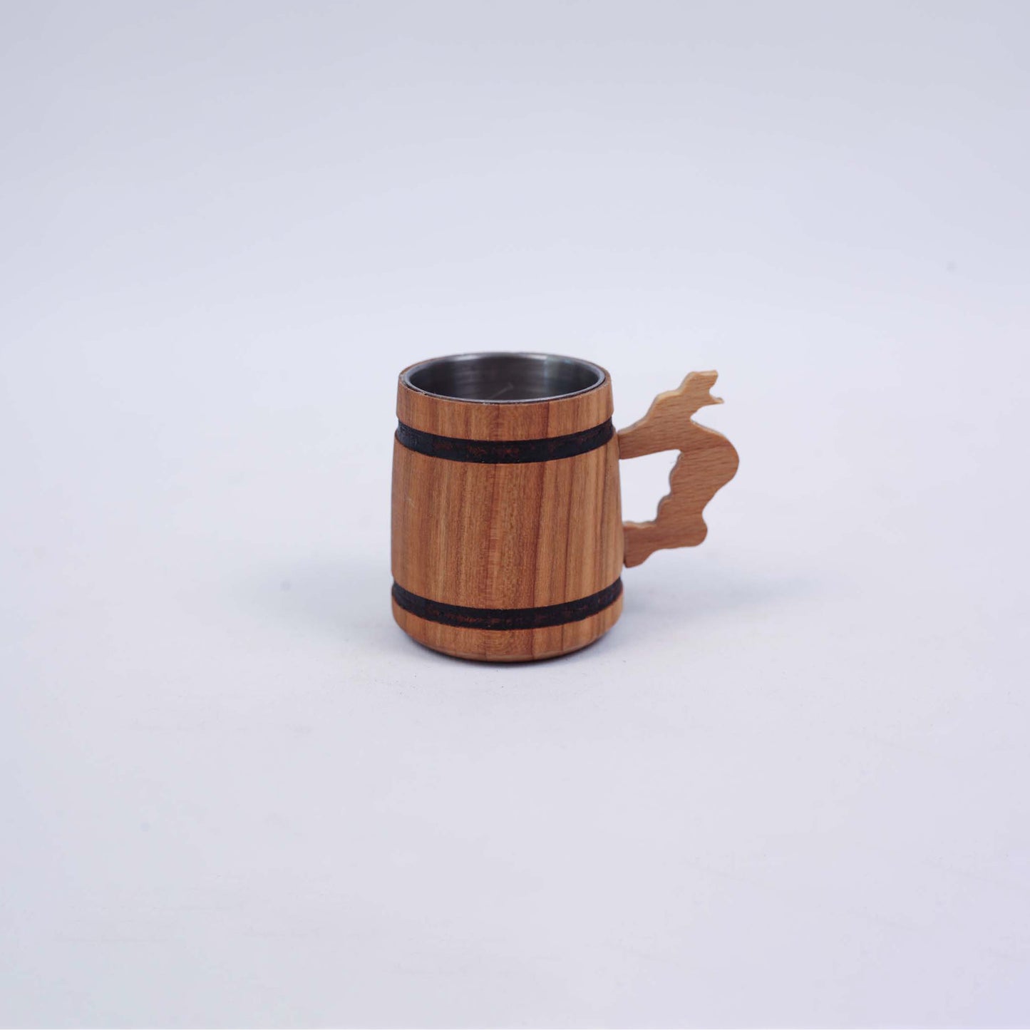 Small Barrel-shaped Wooden Cup with a Handle - with black and non-black stripes