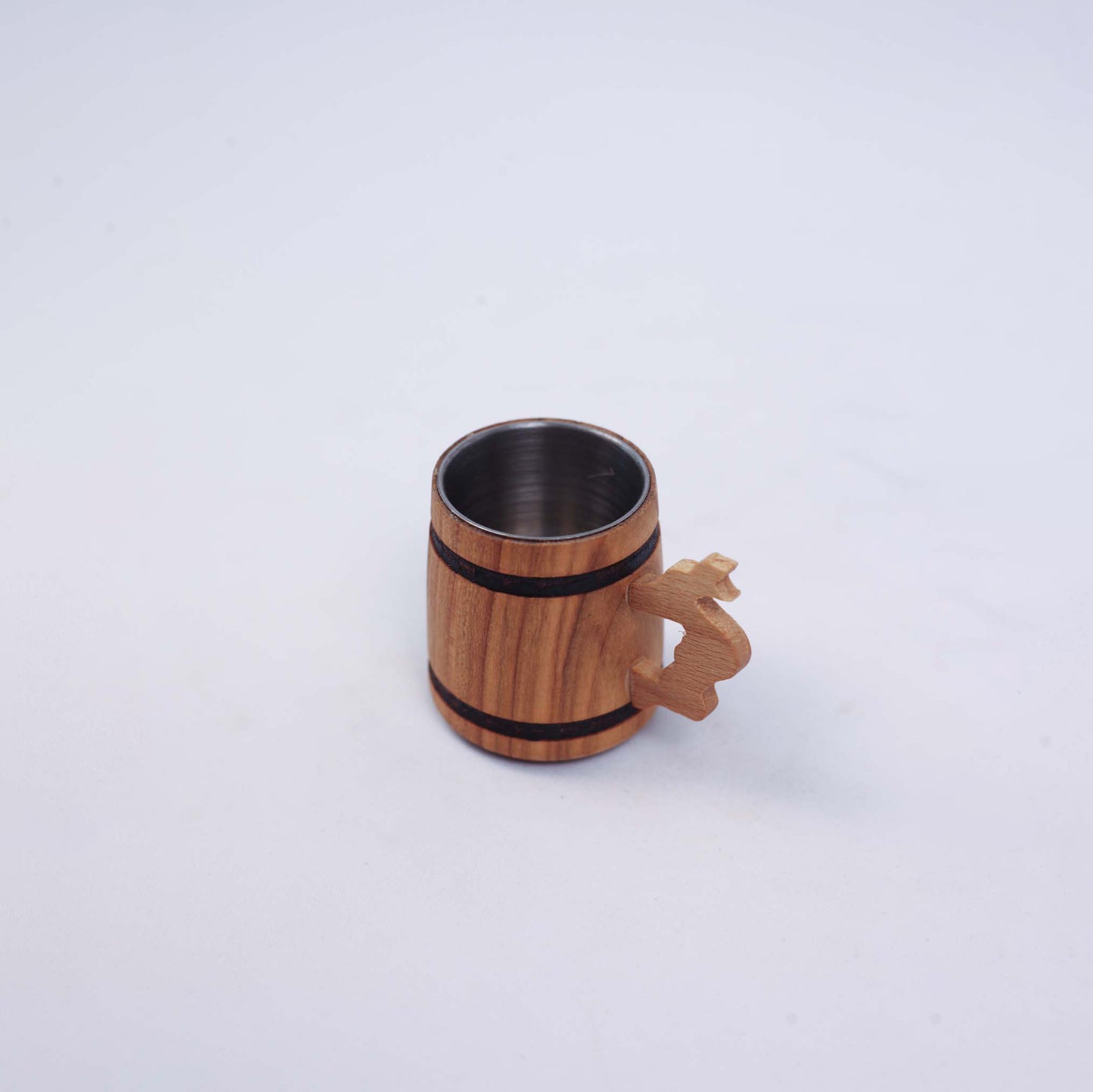 Small Barrel-shaped Wooden Cup with a Handle - with black and non-black stripes