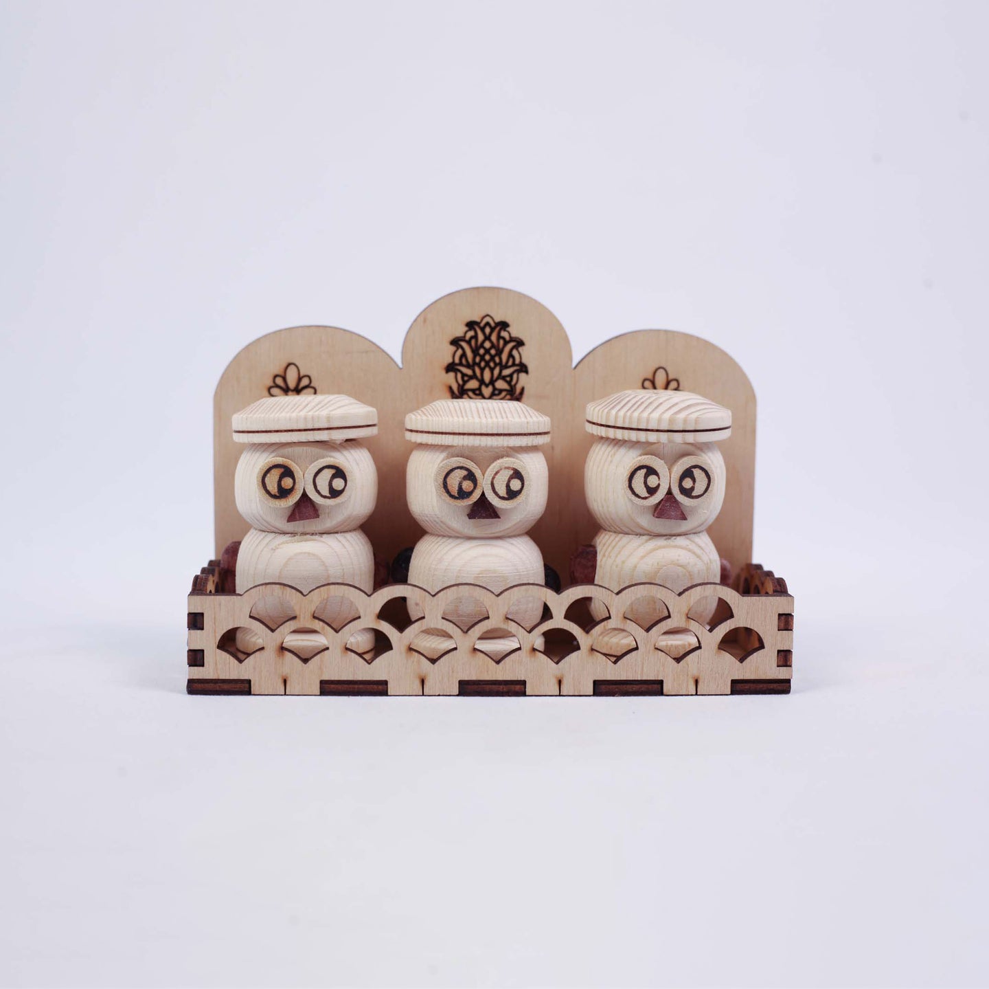 Three Salt Shakers with an Owl-shaped Lid