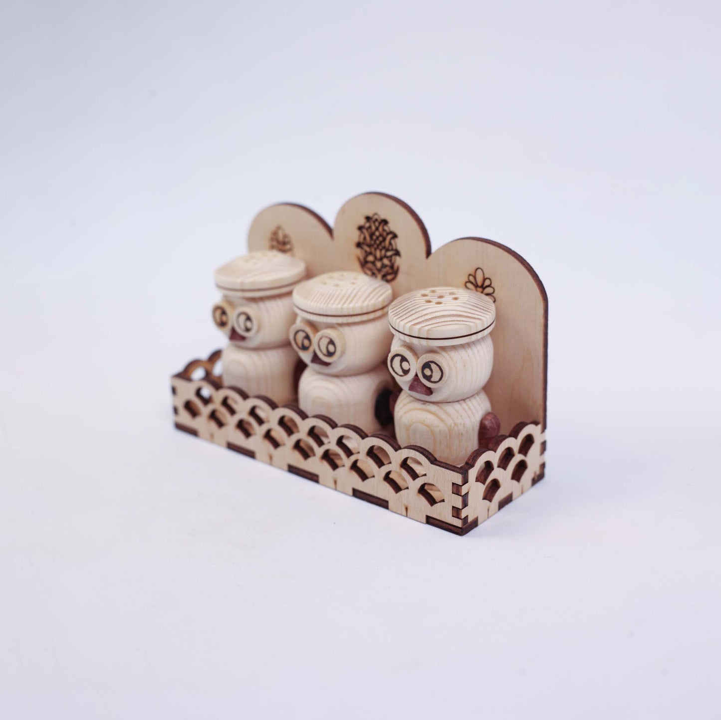 Three Salt Shakers with an Owl-shaped Lid