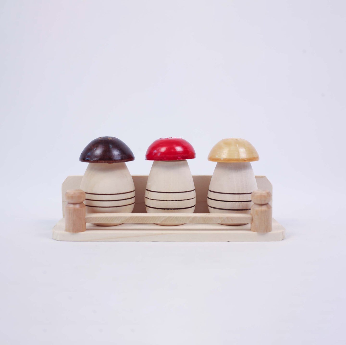 Three Salt Shakers with Three Different Color Caps (brown, red, white/beige) - set