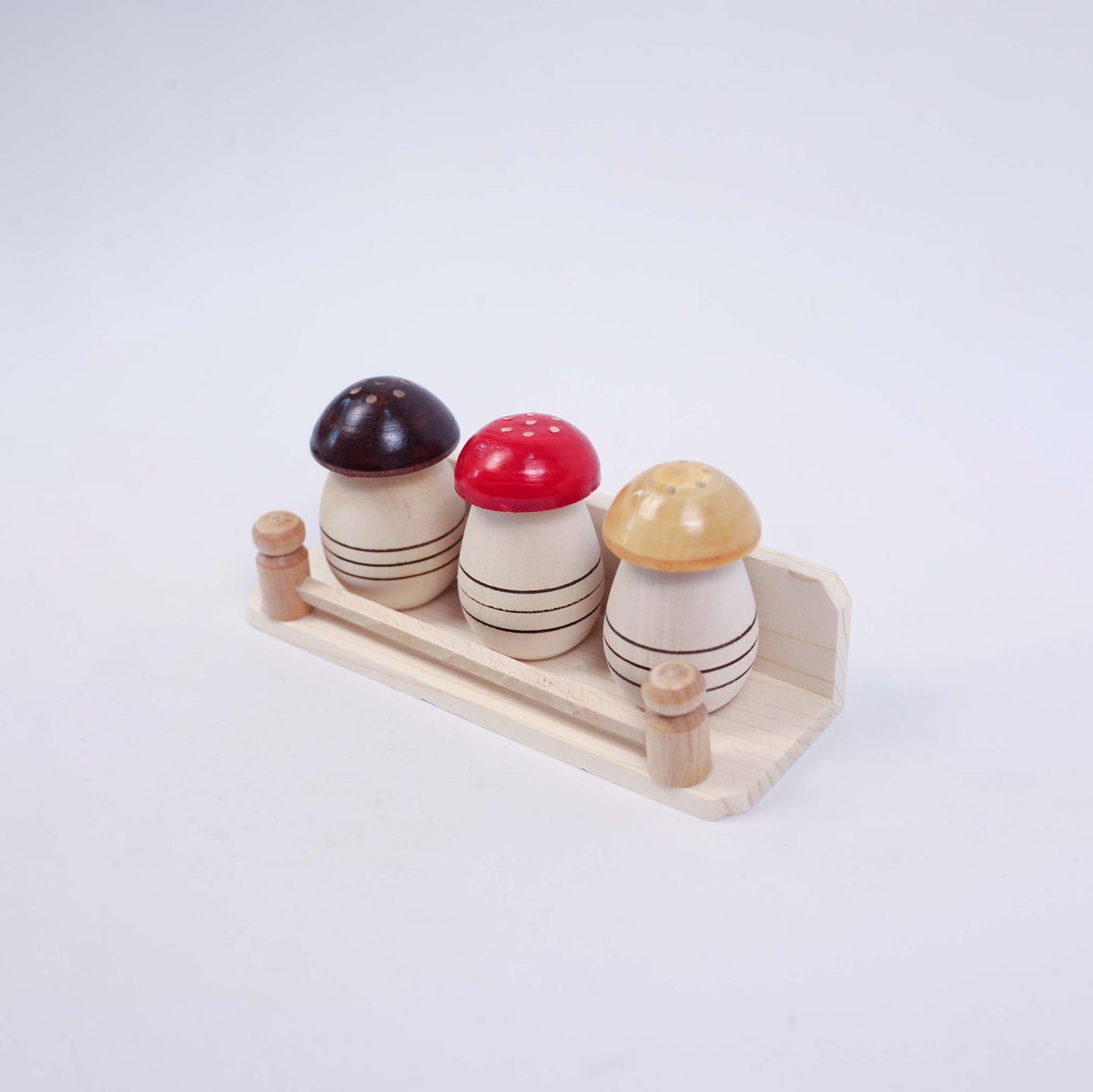 Three Salt Shakers with Three Different Color Caps (brown, red, white/beige) - set