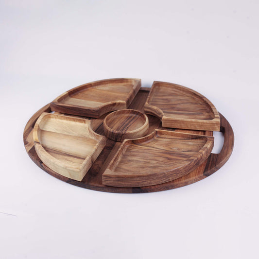 Round Wooden Platter with 5 Removable Divisions